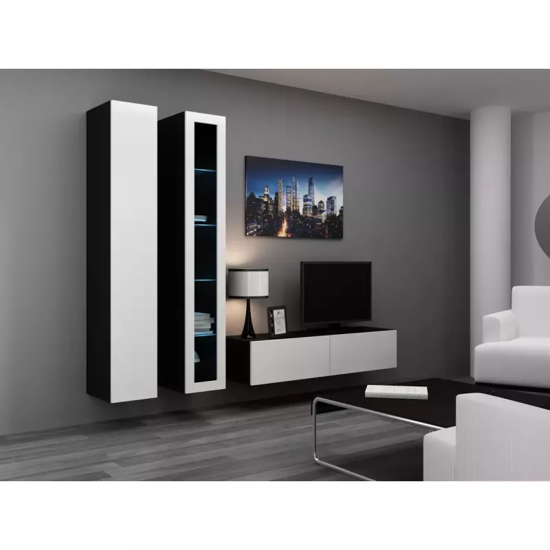 Suporte de TV cama meble VIGO 140 — 1400×400×300 mm, superfície em aglomerado, preto/branco brilhante