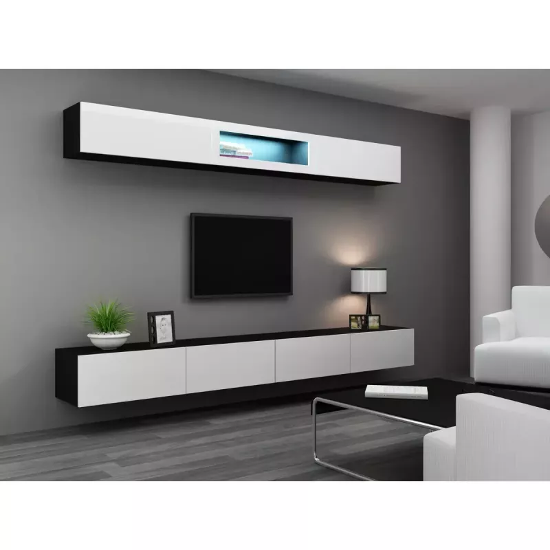 Suporte de TV cama meble VIGO 140 — 1400×400×300 mm, superfície em aglomerado, preto/branco brilhante