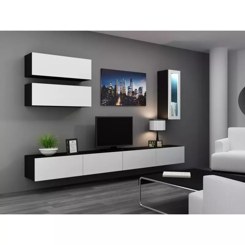 Suporte de TV cama meble VIGO 140 — 1400×400×300 mm, superfície em aglomerado, preto/branco brilhante