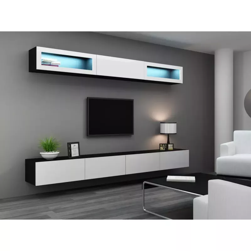 Suporte de TV cama meble VIGO 140 — 1400×400×300 mm, superfície em aglomerado, preto/branco brilhante