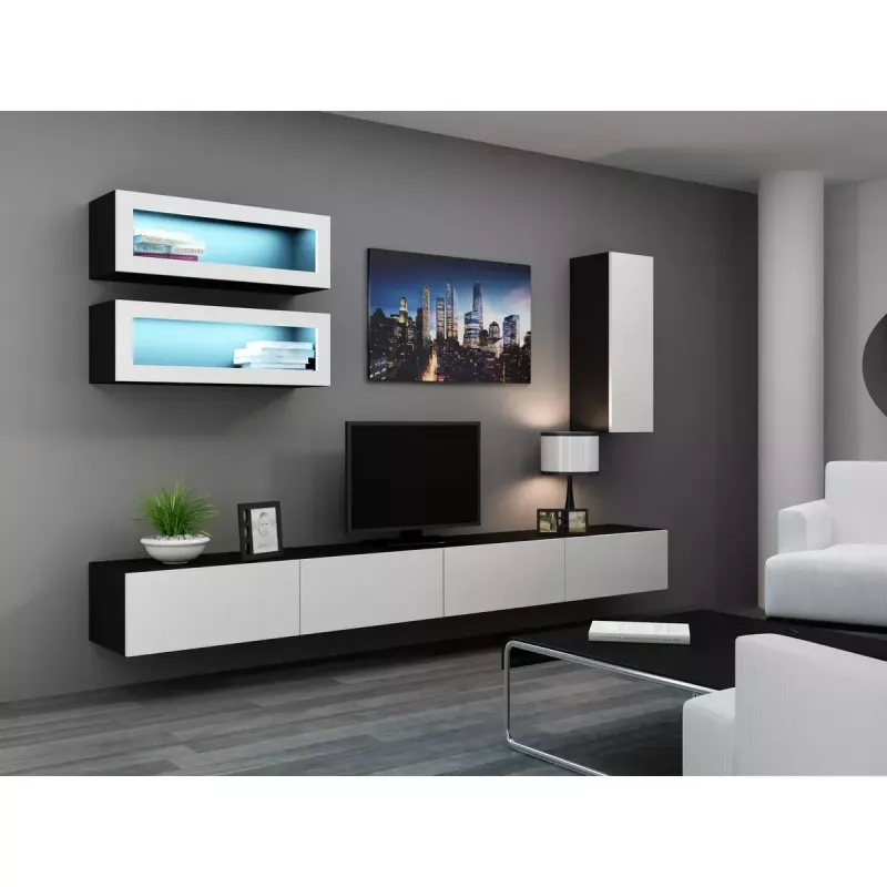 Suporte de TV cama meble VIGO 140 — 1400×400×300 mm, superfície em aglomerado, preto/branco brilhante