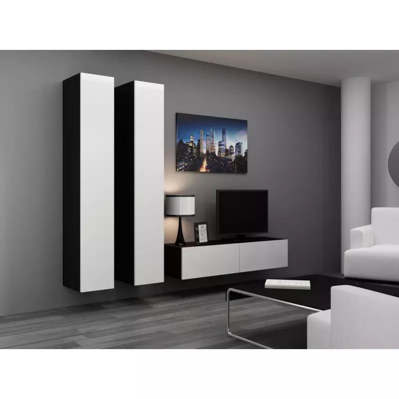 Suporte de TV cama meble VIGO 140 — 1400×400×300 mm, superfície em aglomerado, preto/branco brilhante