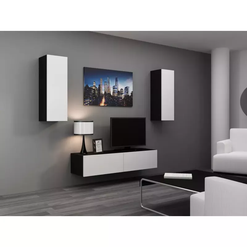 Suporte de TV cama meble VIGO 140 — 1400×400×300 mm, superfície em aglomerado, preto/branco brilhante