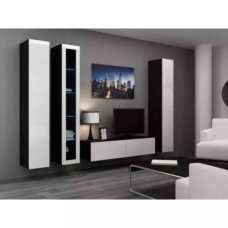 Suporte de TV cama meble VIGO 140 — 1400×400×300 mm, superfície em aglomerado, preto/branco brilhante