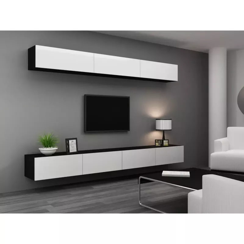 Suporte de TV cama meble VIGO 140 — 1400×400×300 mm, superfície em aglomerado, preto/branco brilhante