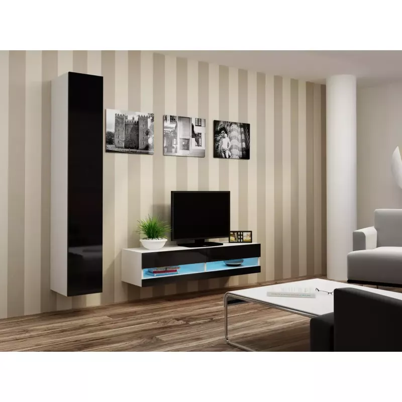 Móvel de TV Cama Meble VIGO NEW 30/140/40 – 1400×400×300 mm, tampo branco, aglomerado, estrutura branca, branco/preto brilhante