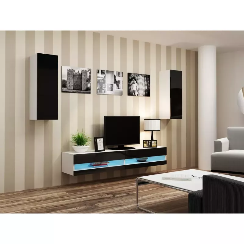 Móvel de TV Cama Meble VIGO NEW 30/140/40 – 1400×400×300 mm, tampo branco, aglomerado, estrutura branca, branco/preto brilhante