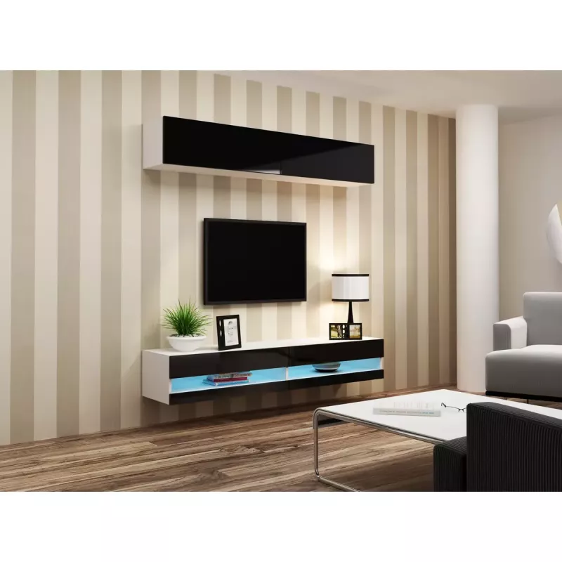 Móvel de TV Cama Meble VIGO NEW 30/140/40 – 1400×400×300 mm, tampo branco, aglomerado, estrutura branca, branco/preto brilhante