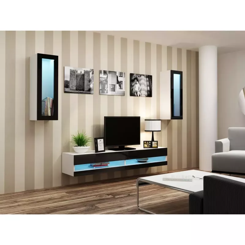Móvel de TV Cama Meble VIGO NEW 30/140/40 – 1400×400×300 mm, tampo branco, aglomerado, estrutura branca, branco/preto brilhante