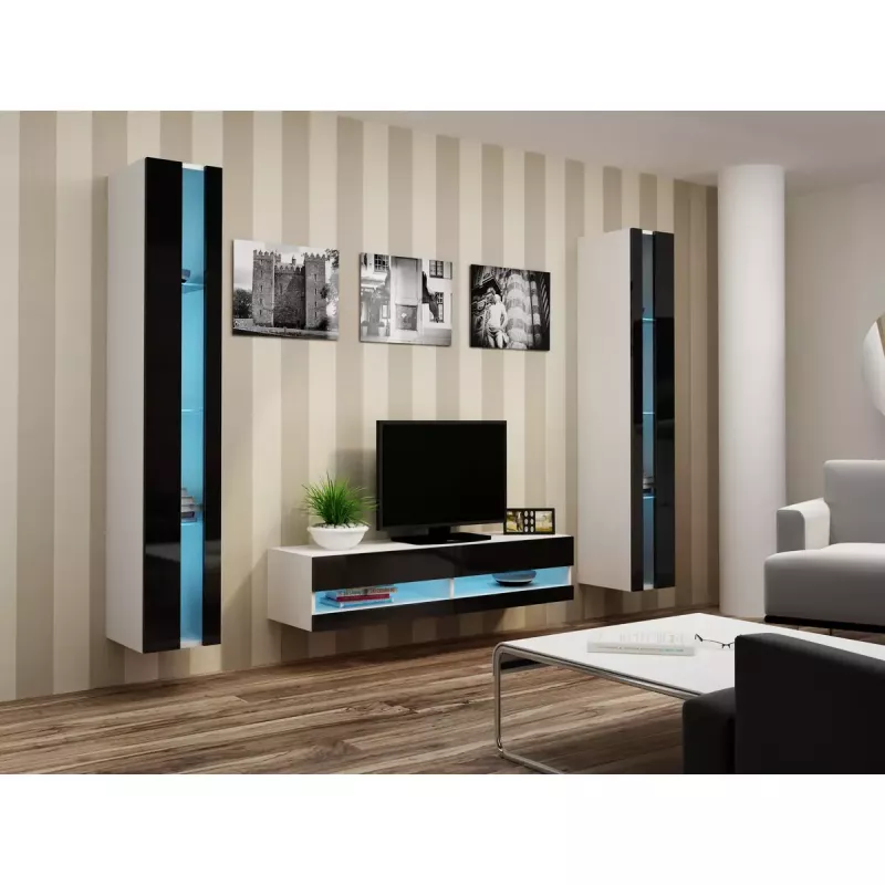 Móvel de TV Cama Meble VIGO NEW 30/140/40 – 1400×400×300 mm, tampo branco, aglomerado, estrutura branca, branco/preto brilhante