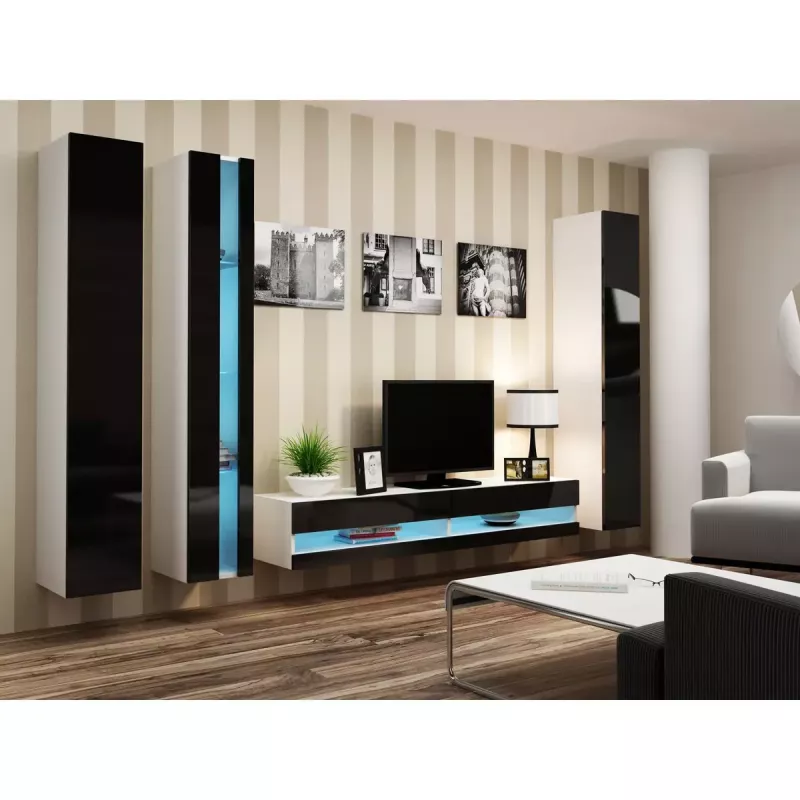 Móvel de TV Cama Meble VIGO NEW 30/140/40 – 1400×400×300 mm, tampo branco, aglomerado, estrutura branca, branco/preto brilhante