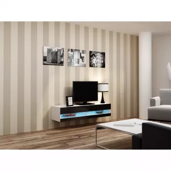Móvel de TV Cama Meble VIGO NEW 30/140/40 – 1400×400×300 mm, tampo branco, aglomerado, estrutura branca, branco/preto brilhante