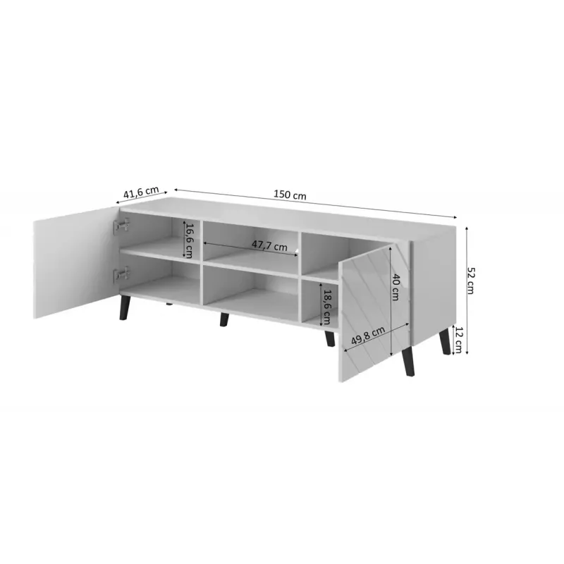 Móvel de TV cama meble ABETO 150x42x52 cm, preto brilhante, placa MDF, estrutura preta