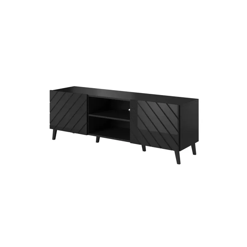 Móvel de TV cama meble ABETO 150x42x52 cm, preto brilhante, placa MDF, estrutura preta