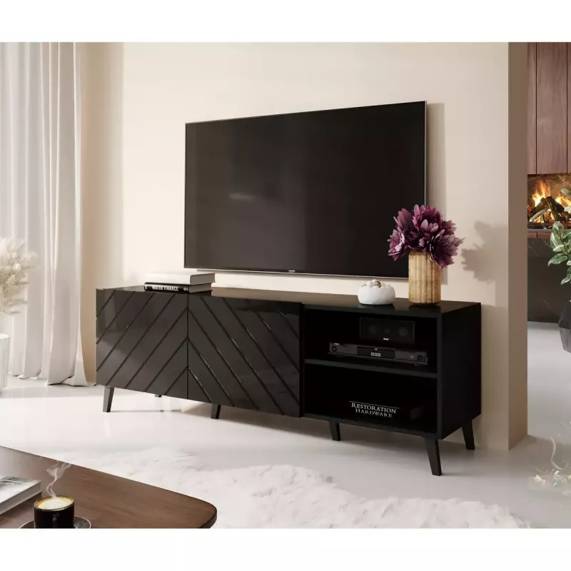 Móvel de TV cama meble ABETO 150x42x52 cm, preto brilhante, placa MDF, estrutura preta