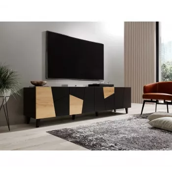 Móvel de TV cama meble ETNA 200×42×52 cm, tampo preto mate, estrutura em carvalho