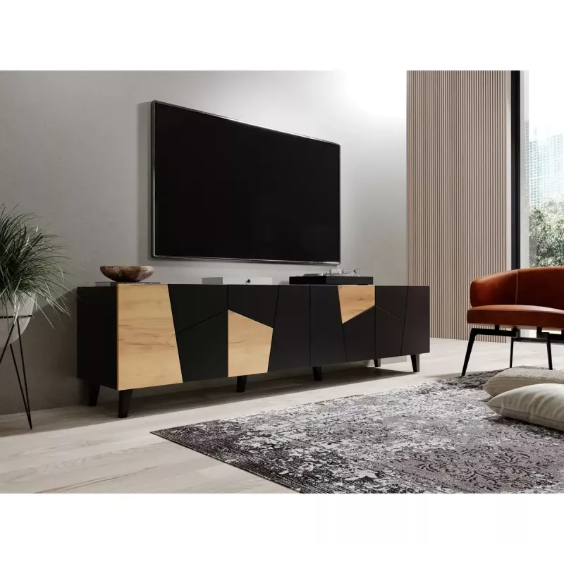 Móvel de TV cama meble ETNA 200×42×52 cm, tampo preto mate, estrutura em carvalho