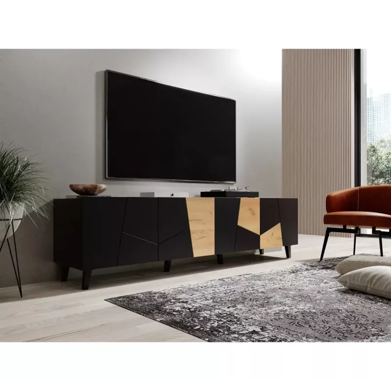 Móvel de TV cama meble ETNA 200×42×52 cm, tampo preto mate, estrutura em carvalho