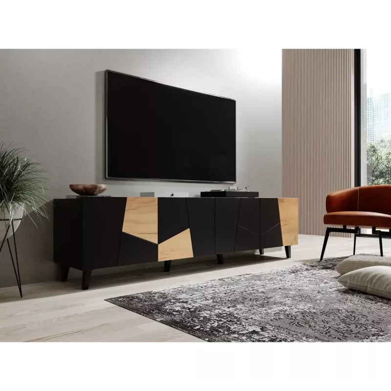 Móvel de TV cama meble ETNA 200×42×52 cm, tampo preto mate, estrutura em carvalho