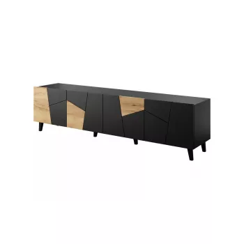Móvel de TV cama meble ETNA 200×42×52 cm, tampo preto mate, estrutura em carvalho