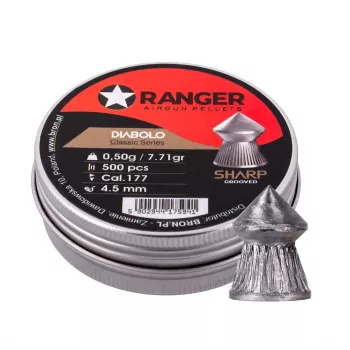 Diabolo para carabina de ar RANGER CLAS03.45.500 — diabolo 4,5 mm, ponta aguçada com ranhuras, 500 unid. em distribuidor de alumínio