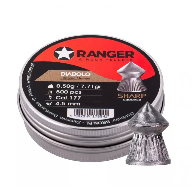Diabolo para carabina de ar RANGER CLAS03.45.500 — diabolo 4,5 mm, ponta aguçada com ranhuras, 500 unid. em distribuidor de alumínio