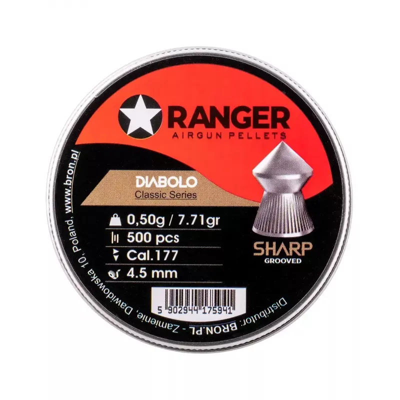 Diabolo para carabina de ar RANGER CLAS03.45.500 — diabolo 4,5 mm, ponta aguçada com ranhuras, 500 unid. em distribuidor de alumínio