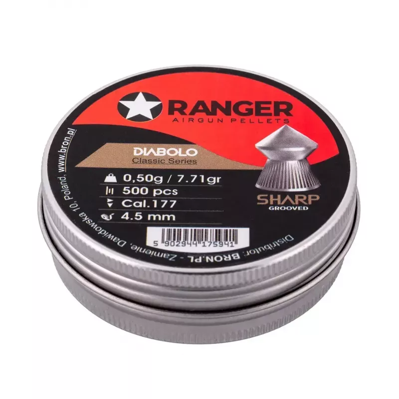 Diabolo para carabina de ar RANGER CLAS03.45.500 — diabolo 4,5 mm, ponta aguçada com ranhuras, 500 unid. em distribuidor de alumínio