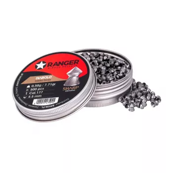 Diabolo para carabina de ar RANGER CLAS03.45.500 — diabolo 4,5 mm, ponta aguçada com ranhuras, 500 unid. em distribuidor de alumínio