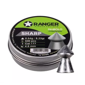Esferas diabolo RANGER PRORO.45.500.S — diabolo 4,5 mm ponta aguçada, 500 unid., distribuidor de alumínio