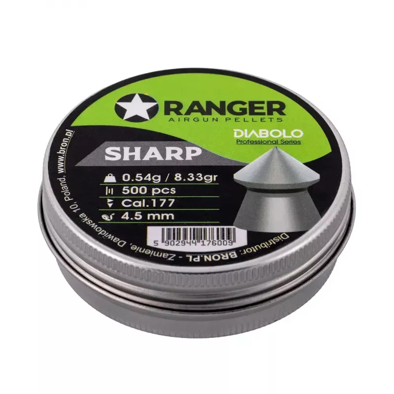 Esferas diabolo RANGER PRORO.45.500.S — diabolo 4,5 mm ponta aguçada, 500 unid., distribuidor de alumínio