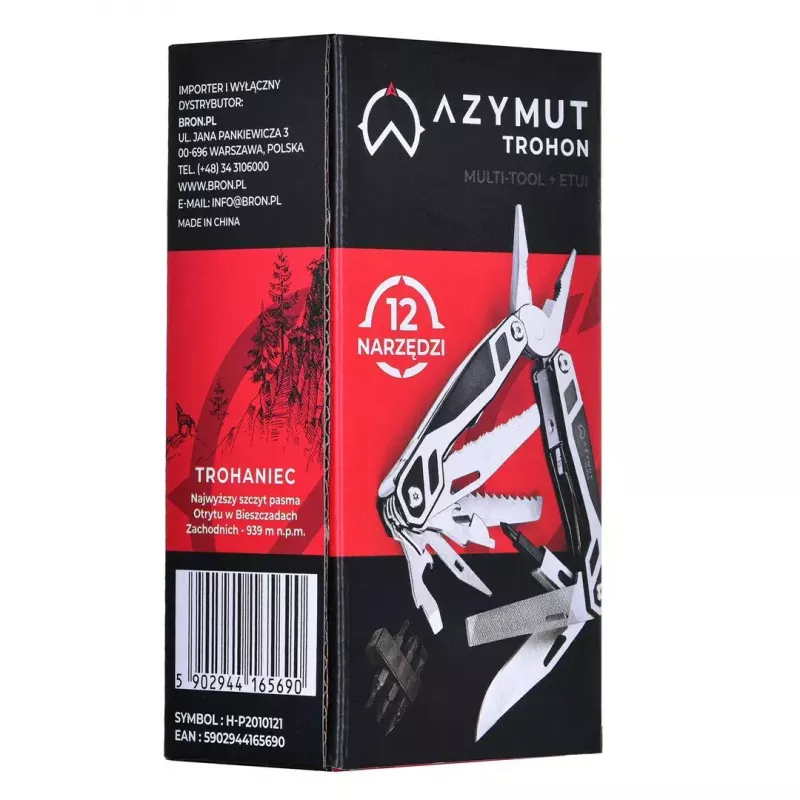 Multiferramenta AZYMUT Trohon H-P2010121 — alicate tamanho grande em aço inoxidável com 12 ferramentas, 8 bits, fechada 10,5 cm, 381 g