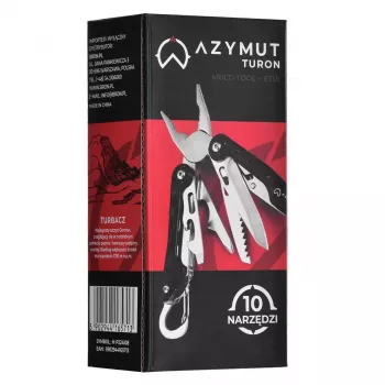 Multiferramenta AZYMUT Turon 10 ferramentas com mosquetão H-P224108 — aço inoxidável 420, 10 funções, fechada 11 cm, peso 224 g, coldre de couro