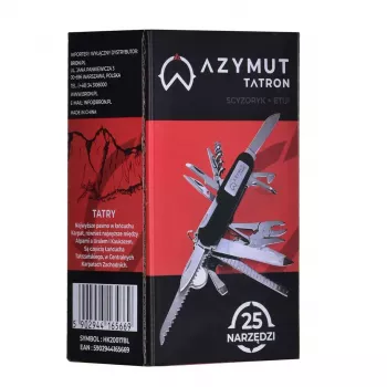 Faca de bolso AZYMUT Tatron multiferramenta com 25 ferramentas, aço inoxidável, 9 cm fechada, 200 g, coldre de couro