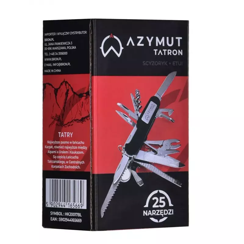 Faca de bolso AZYMUT Tatron multiferramenta com 25 ferramentas, aço inoxidável, 9 cm fechada, 200 g, coldre de couro