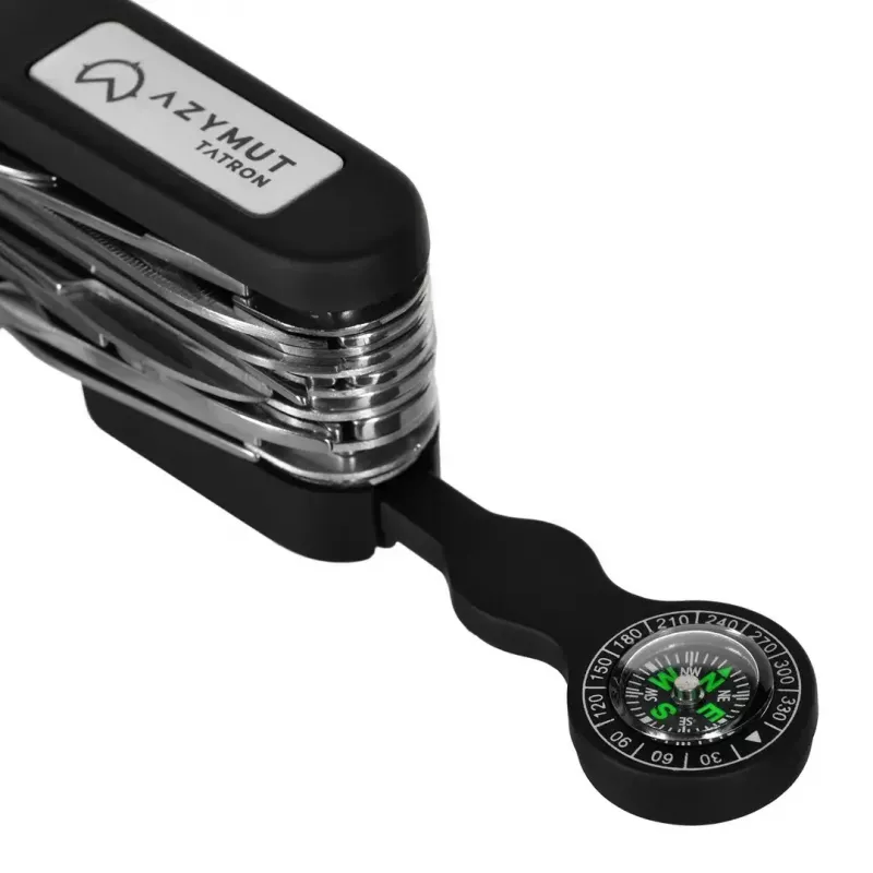 Faca de bolso AZYMUT Tatron multiferramenta com 25 ferramentas, aço inoxidável, 9 cm fechada, 200 g, coldre de couro