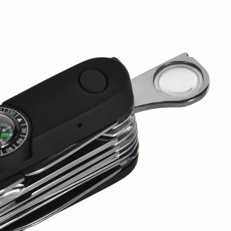 Faca de bolso AZYMUT Tatron multiferramenta com 25 ferramentas, aço inoxidável, 9 cm fechada, 200 g, coldre de couro