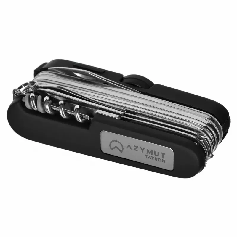 Faca de bolso AZYMUT Tatron multiferramenta com 25 ferramentas, aço inoxidável, 9 cm fechada, 200 g, coldre de couro