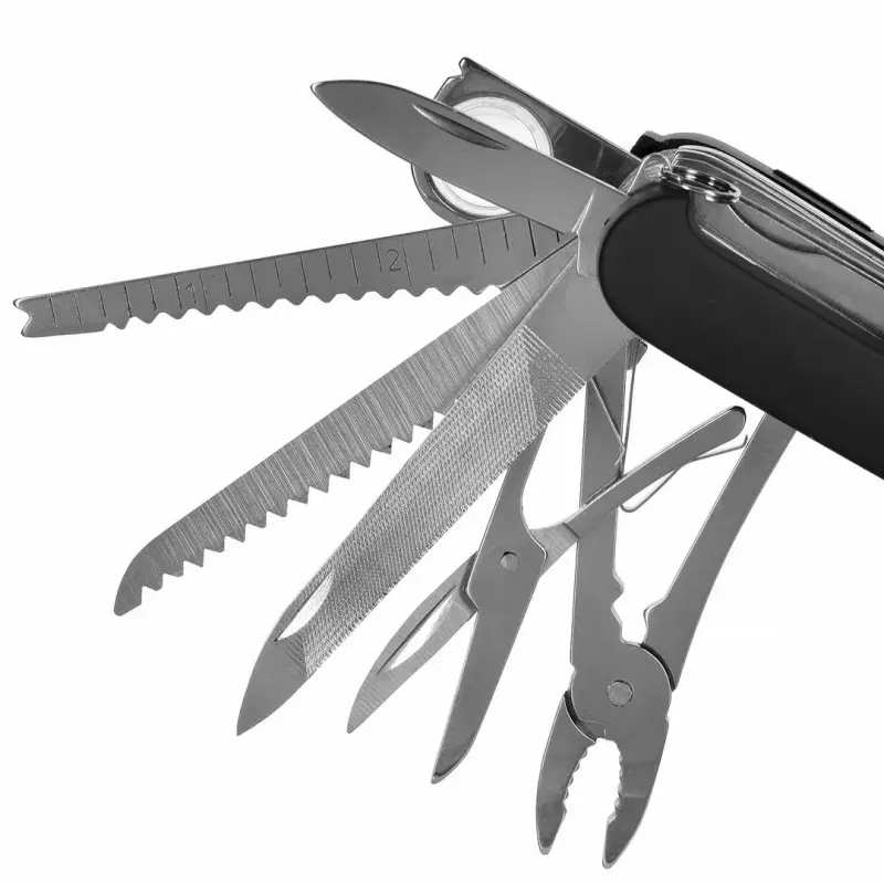 Faca de bolso AZYMUT Tatron multiferramenta com 25 ferramentas, aço inoxidável, 9 cm fechada, 200 g, coldre de couro