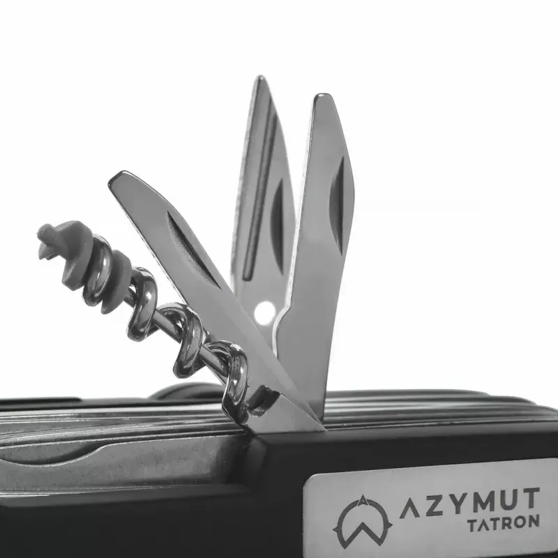 Faca de bolso AZYMUT Tatron multiferramenta com 25 ferramentas, aço inoxidável, 9 cm fechada, 200 g, coldre de couro