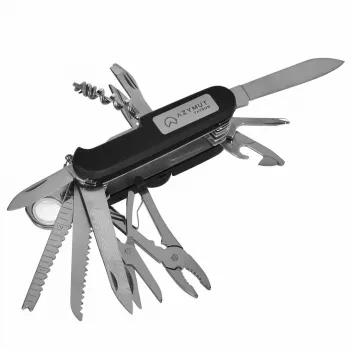 Faca de bolso AZYMUT Tatron multiferramenta com 25 ferramentas, aço inoxidável, 9 cm fechada, 200 g, coldre de couro