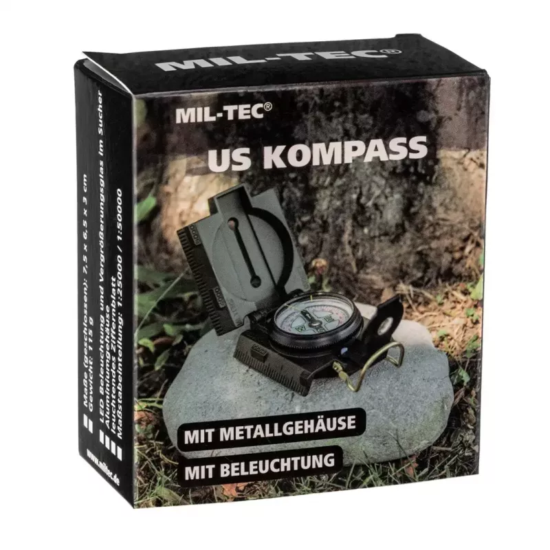 Bússola de navegação magnética Mil‑Tec Mil‑Tec US com iluminação, caixa de alumínio, escalas 1:50k e 1:25k, verde-azeitona