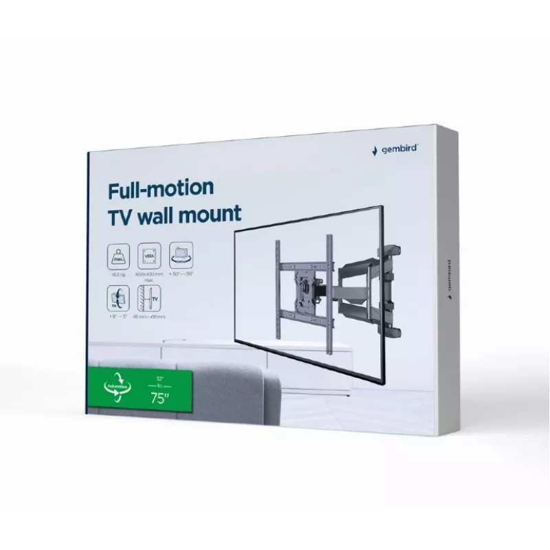 Gembird WM-75ST-01 suporte de parede articulado para TV de 32–75 polegadas, VESA 600×400, máx. 45,5 kg, inclinação -5°–8°, rotação ±50°, aço, preto