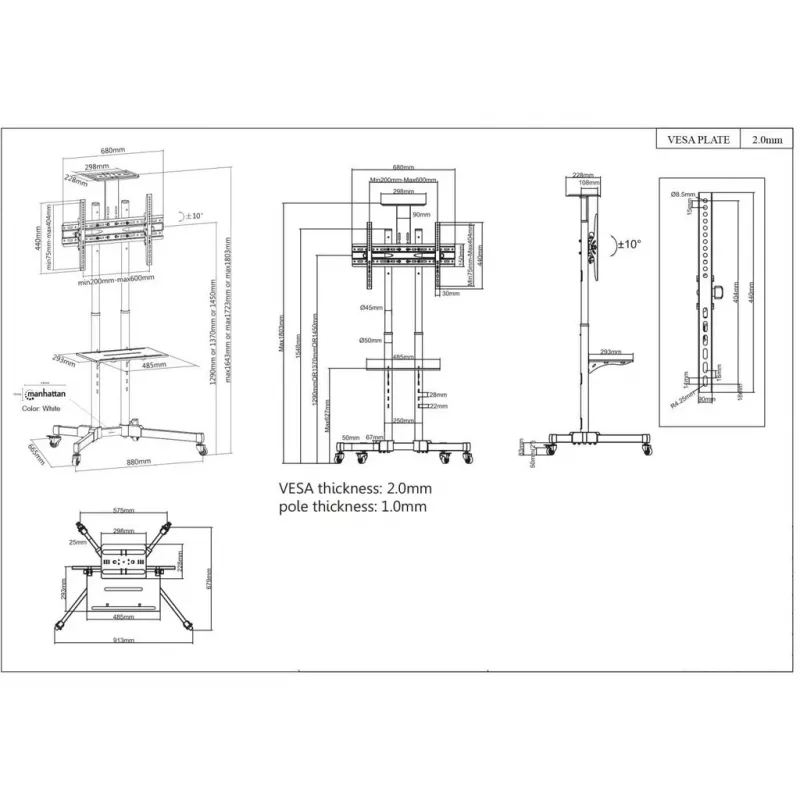 Suporte móvel para TV e monitor MANHATTAN 461238, móvel, preto, altura 1803 mm, VESA 200x200–600x400, máx. 50 kg