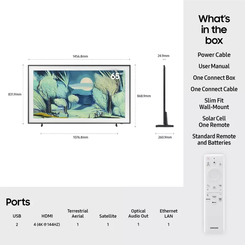 Televisor Samsung QE65LS03FAUXXH 65 polegadas The Frame QLED 4K HDR Smart TV, 3840×2160, Tizen, 120Hz