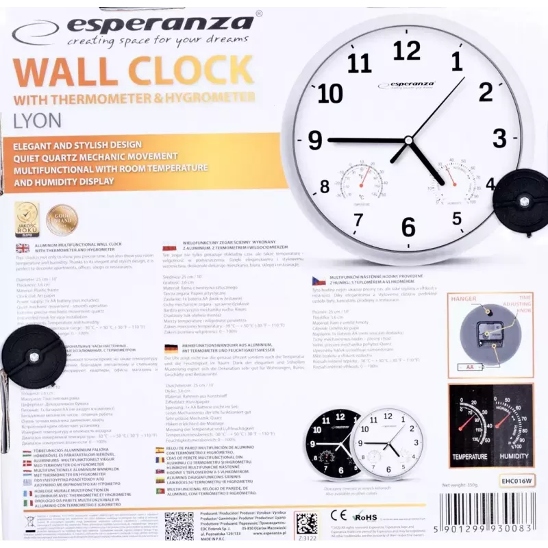 Relógio de parede de quartzo Esperanza Lyon EHC016K, redondo, preto