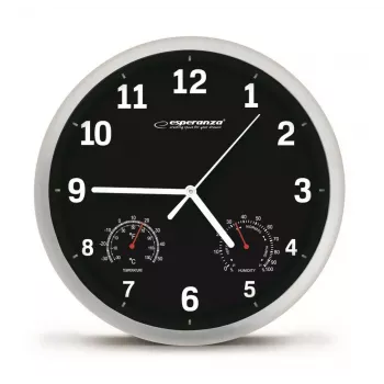 Relógio de parede ESPERANZA EHC016K Lyon preto, 25 cm de diâmetro, mecanismo silencioso, tampa de vidro, moldura de plástico