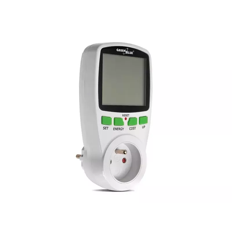 Wattímetro GreenBlue GB202 medidor de potência 0–9999 W, 3600 W máx, 220–240 V, 16 A, ecrã LCD