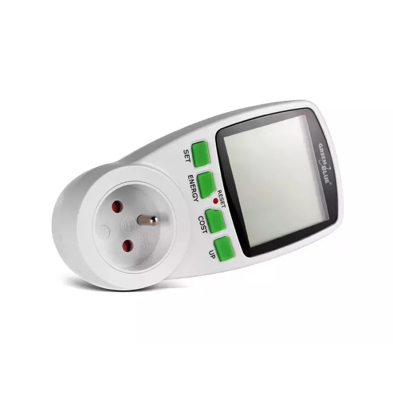 Wattímetro GreenBlue GB202 medidor de potência 0–9999 W, 3600 W máx, 220–240 V, 16 A, ecrã LCD