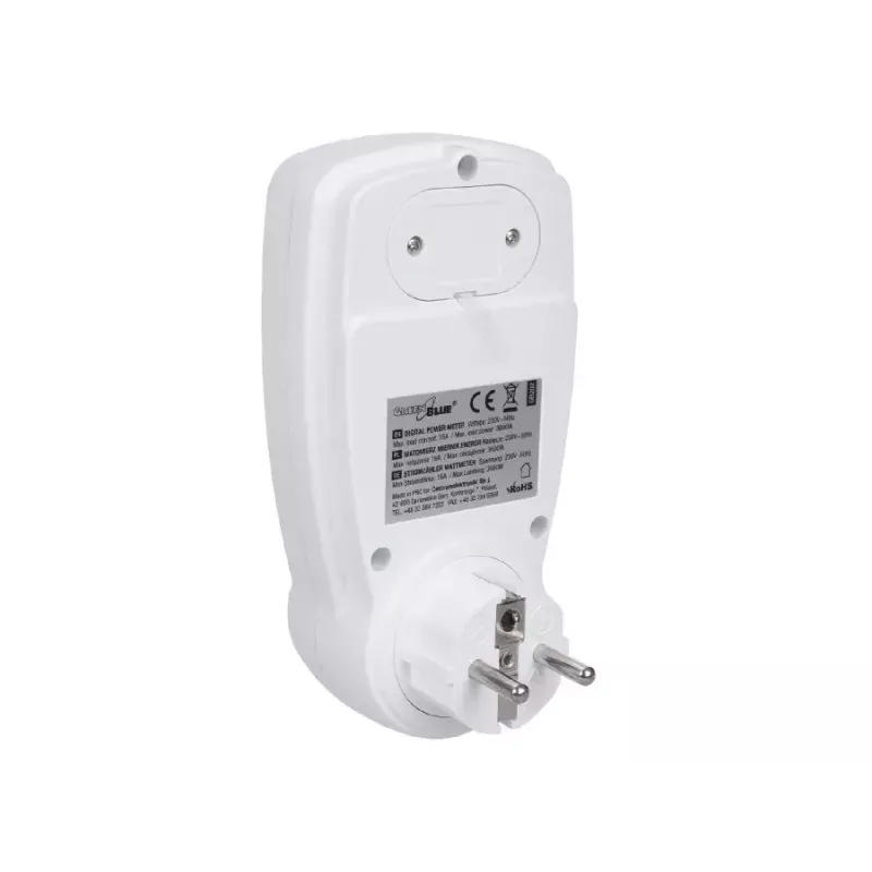 Wattímetro GreenBlue GB202 medidor de potência 0–9999 W, 3600 W máx, 220–240 V, 16 A, ecrã LCD
